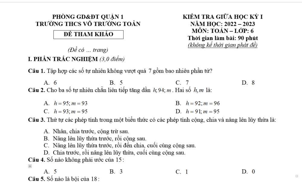 Toán 6: Đề kiểm tra giữa học kì 1. Trường THCS Võ Trường Toản - Quận 1 năm học 2022-2023